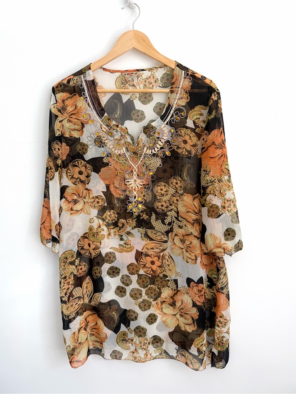 Eder A - Boho Embellished Sheer Tunic Cover-Up Blouse - XXXL - Picture 2 of 7